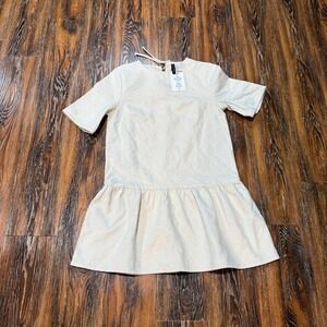 NEW H&M Divided Cream Mini Dress Short Sleeve Drop Waist Tie Back Size S Womens